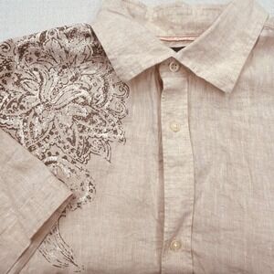 Banana Republic Classic Linen Blend Shirt Mens XL Paisley Tan Khaki Short Sleeve